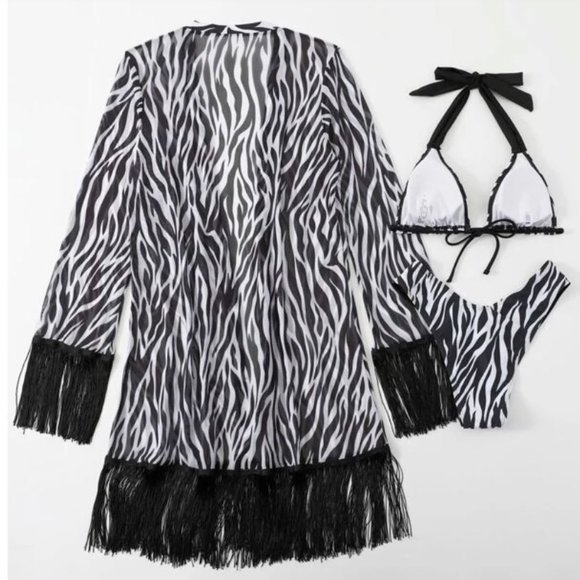 Zebra Print Beach Set, Fringe Mesh Coverup Robe, High Cut Bikini (L-XL) - Picture 4 of 5